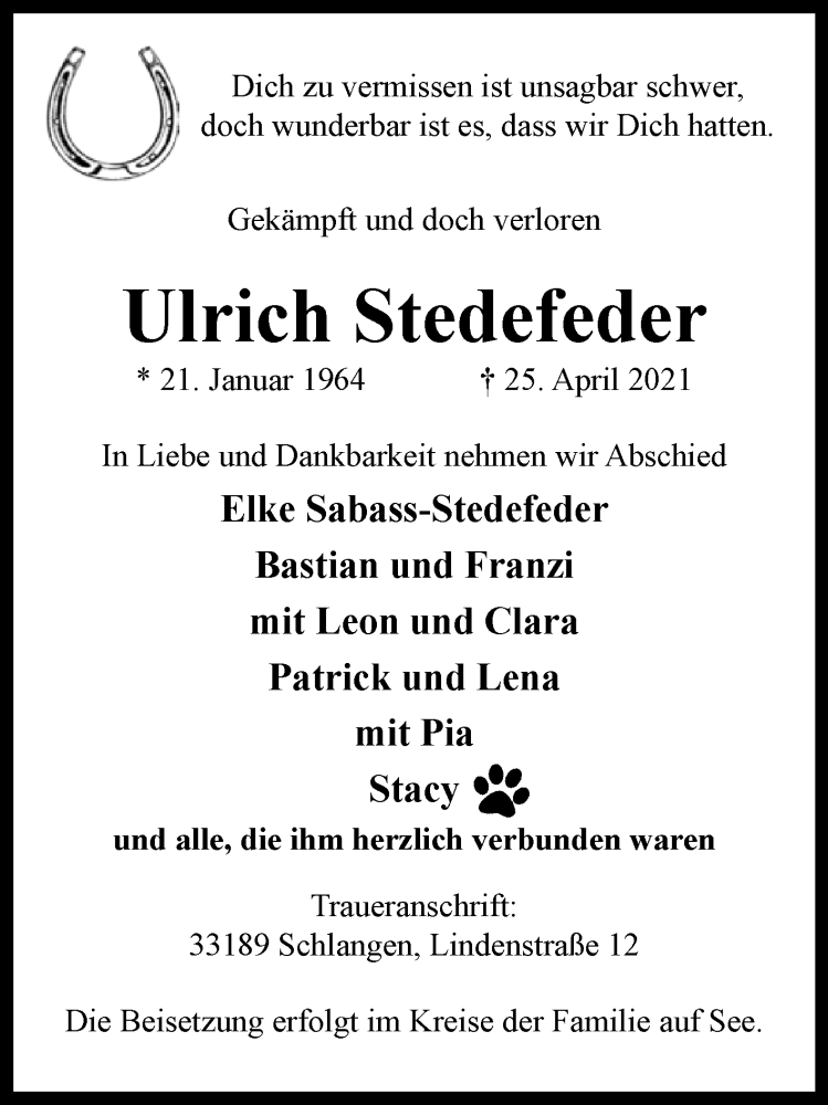  Traueranzeige für Ulrich Stedefeder vom 01.05.2021 aus Westfalen-Blatt