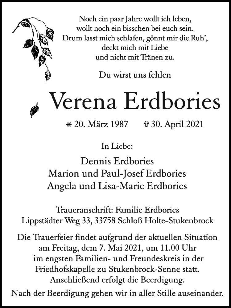  Traueranzeige für Verena Erdbories vom 04.05.2021 aus Westfalen-Blatt