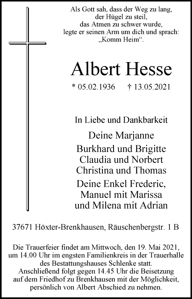 Traueranzeige für Albert Hesse vom 18.05.2021 aus Westfalen-Blatt