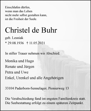 Traueranzeige von Christel de Buhr von Westfalen-Blatt