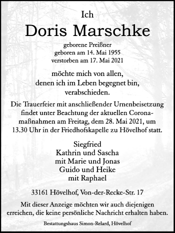 Traueranzeige von Doris Marschke von Westfalen-Blatt