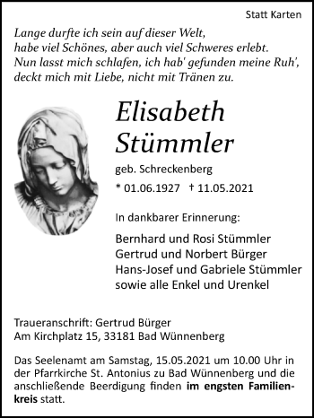 Traueranzeige von Elisabeth Stümmler von Westfalen-Blatt