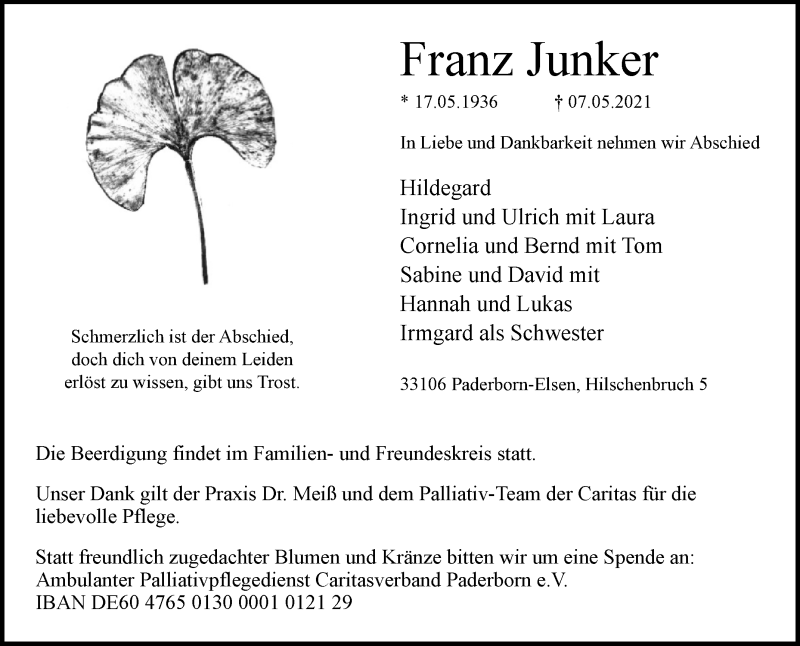  Traueranzeige für Franz Junker vom 11.05.2021 aus Westfalen-Blatt