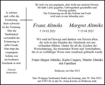 Traueranzeige von Franz und Margret Altmiks von Westfalen-Blatt