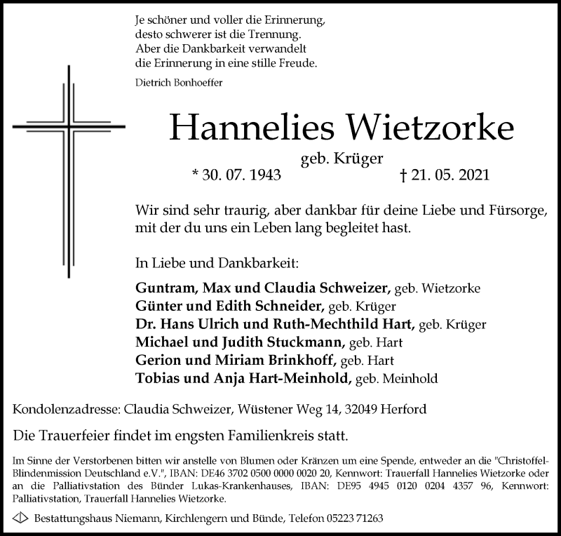  Traueranzeige für Hannelies Wietzorke vom 25.05.2021 aus Westfalen-Blatt