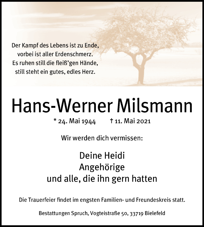  Traueranzeige für Hans-Werner Milsmann vom 15.05.2021 aus Westfalen-Blatt