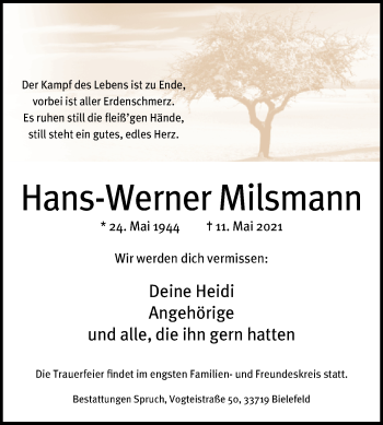 Traueranzeige von Hans-Werner Milsmann von Westfalen-Blatt