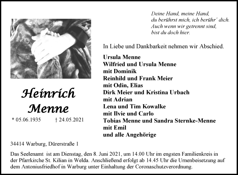  Traueranzeige für Heinrich Menne vom 29.05.2021 aus Westfalen-Blatt