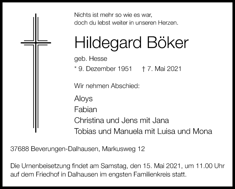  Traueranzeige für Hildegard Böker vom 12.05.2021 aus Westfalen-Blatt