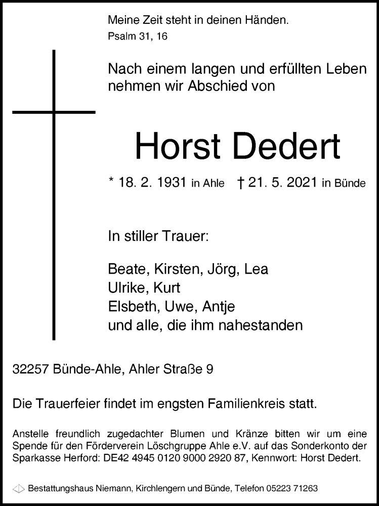  Traueranzeige für Horst Dedert vom 26.05.2021 aus Westfalen-Blatt