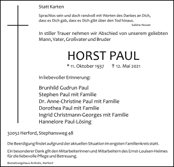 Traueranzeige von Horst Paul von Westfalen-Blatt