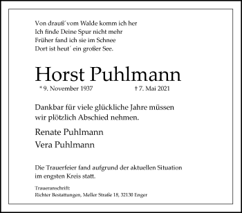 Traueranzeige von Horst Puhlmann von Westfalen-Blatt