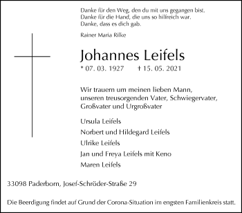 Traueranzeige von Johannes Leifels von Westfalen-Blatt