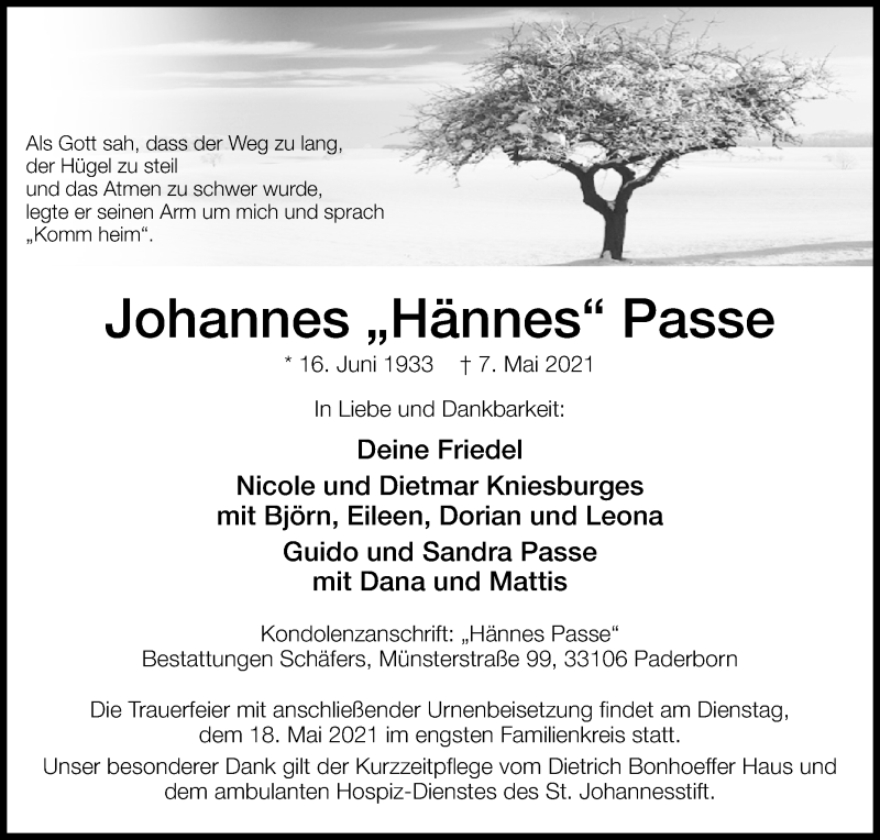  Traueranzeige für Johannes Passe vom 15.05.2021 aus Westfalen-Blatt