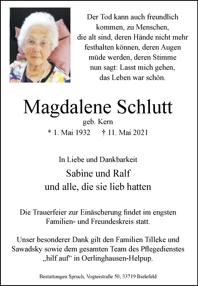  Traueranzeige für Magdalene Schlutt vom 15.05.2021 aus Westfalen-Blatt