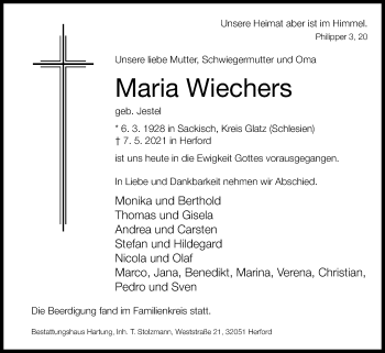 Traueranzeige von Maria Wiechers von Westfalen-Blatt