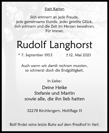 Traueranzeige von Rudolf Langhorst von Westfalen-Blatt