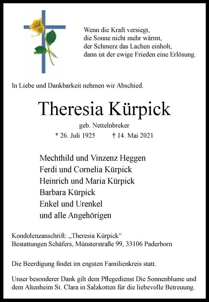  Traueranzeige für Theresia Kürpick vom 20.05.2021 aus Westfalen-Blatt