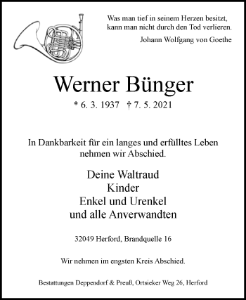 Traueranzeige von Werner Bünger von Westfalen-Blatt