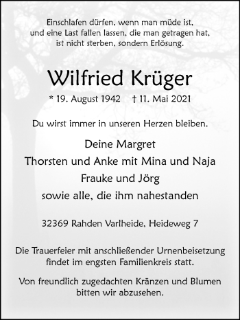 Traueranzeige von Wilfried Krüger von Westfalen-Blatt