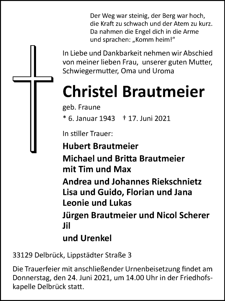  Traueranzeige für Christel Brautmeier vom 19.06.2021 aus Westfalen-Blatt