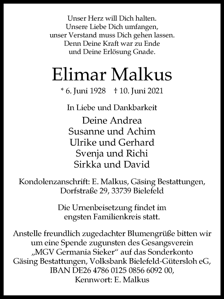  Traueranzeige für Elimar Malkus vom 19.06.2021 aus Westfalen-Blatt