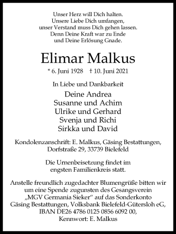 Traueranzeige von Elimar Malkus von Westfalen-Blatt