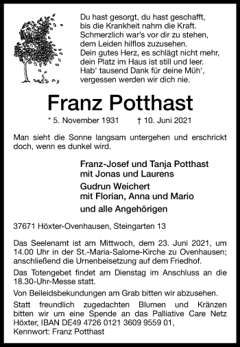 Traueranzeige von Franz Potthast von Westfalen-Blatt