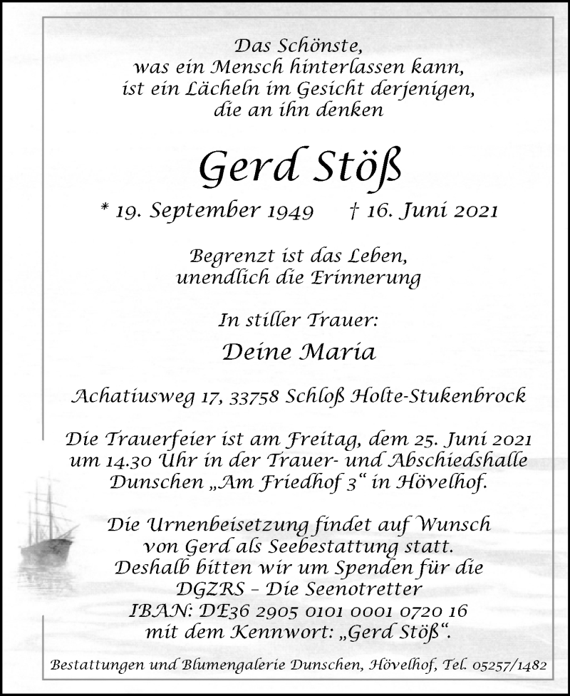  Traueranzeige für Gerd Stöß vom 22.06.2021 aus Westfalen-Blatt
