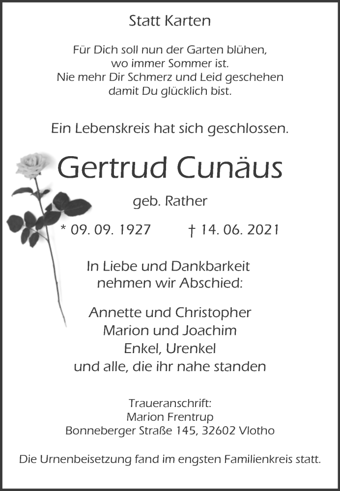  Traueranzeige für Gertrud Cunäus vom 19.06.2021 aus Westfalen-Blatt