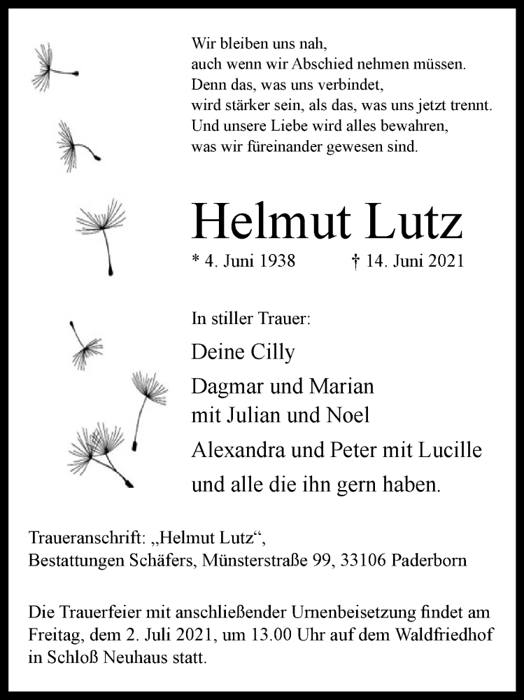  Traueranzeige für Helmut Lutz vom 26.06.2021 aus Westfalen-Blatt
