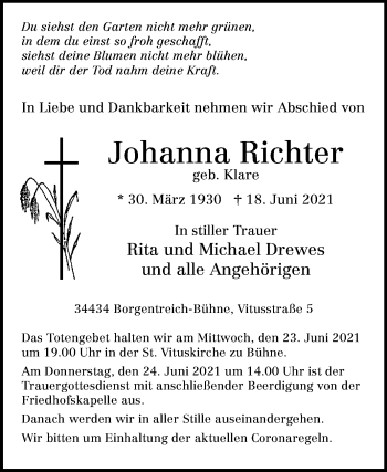 Traueranzeige von Johanna Richter von Westfalen-Blatt