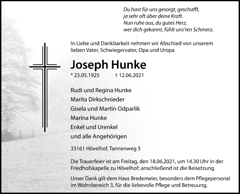  Traueranzeige für Joseph Hunke vom 15.06.2021 aus Westfalen-Blatt