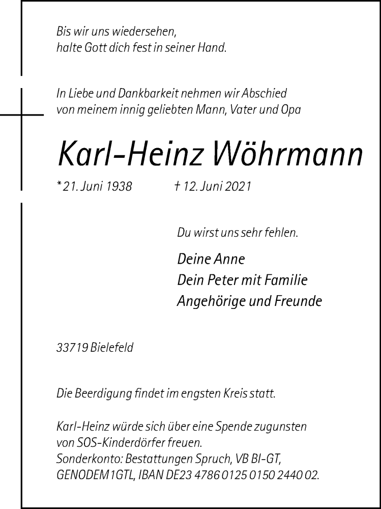  Traueranzeige für Karl-Heinz Wöhrmann vom 19.06.2021 aus Westfalen-Blatt