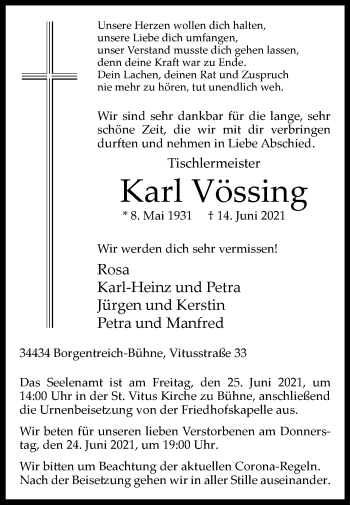 Traueranzeige von Karl Vössing von Westfalen-Blatt