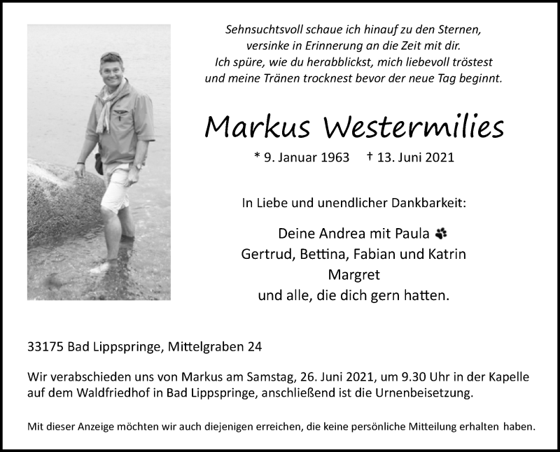  Traueranzeige für Markus Westermilies vom 19.06.2021 aus Westfalen-Blatt
