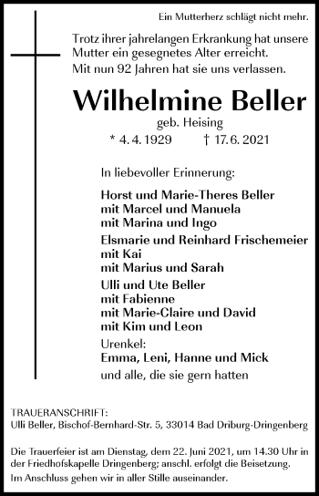 Traueranzeige von Wilhelmine Beller von Westfalen-Blatt
