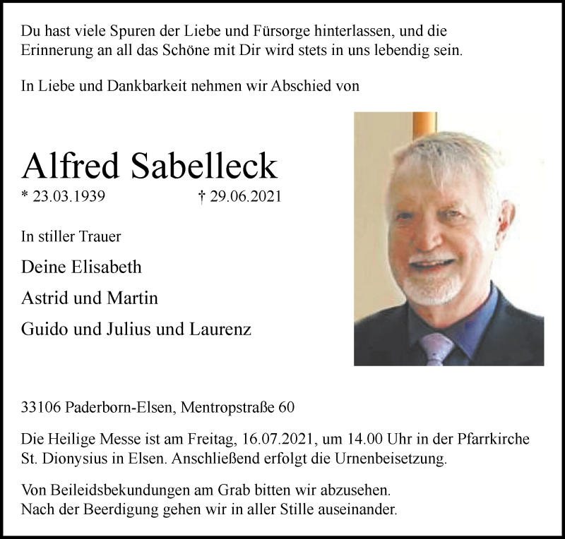  Traueranzeige für Alfred Sabelleck vom 10.07.2021 aus Westfalen-Blatt