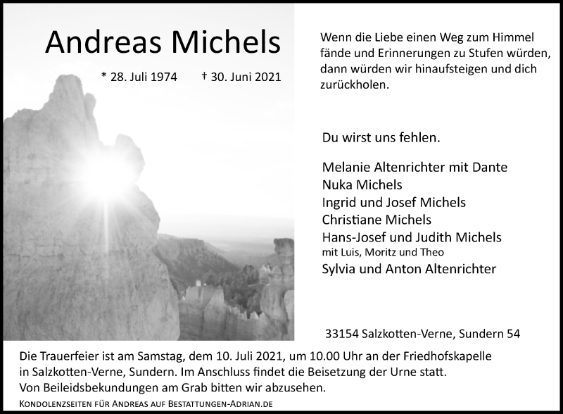  Traueranzeige für Andreas Michels vom 07.07.2021 aus Westfalen-Blatt