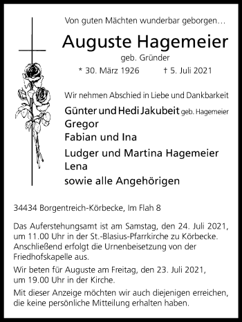 Traueranzeige von Auguste Hagemeier von Westfalen-Blatt