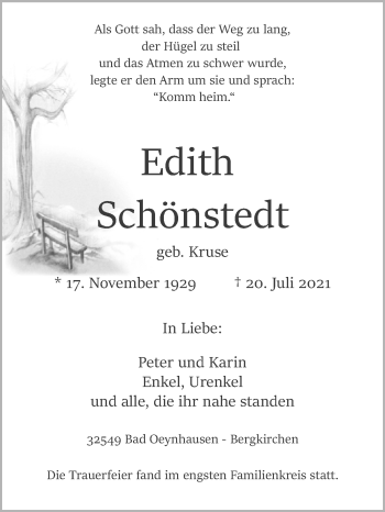Traueranzeige von Edith Schönstedt von Westfalen-Blatt
