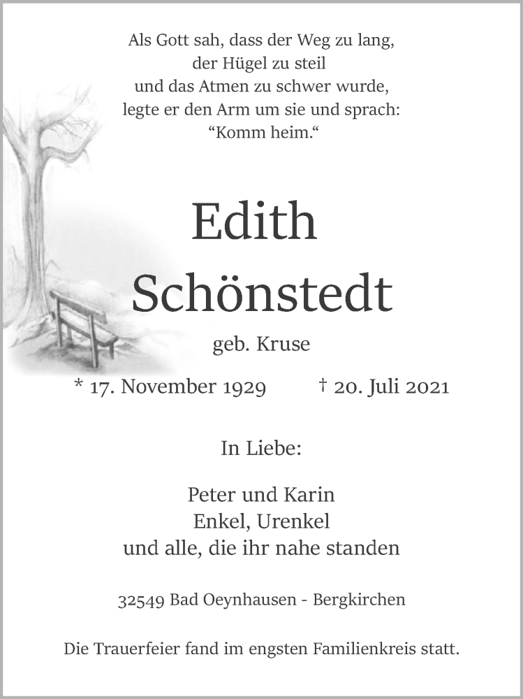  Traueranzeige für Edith Schönstedt vom 29.07.2021 aus Westfalen-Blatt