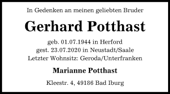 Traueranzeige von Gerhard Potthast von Westfalen-Blatt