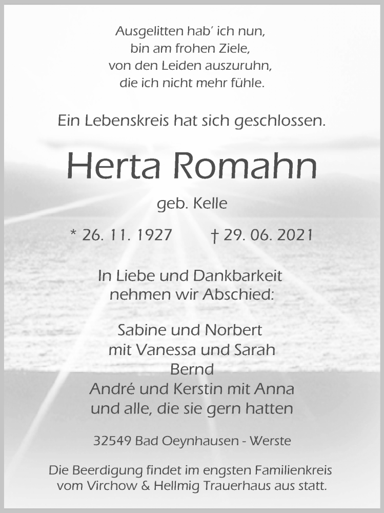  Traueranzeige für Herta Romahn vom 03.07.2021 aus Westfalen-Blatt