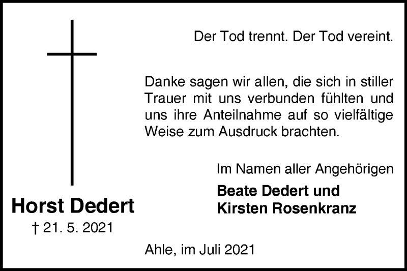  Traueranzeige für Horst Dedert vom 07.07.2021 aus Westfalen-Blatt