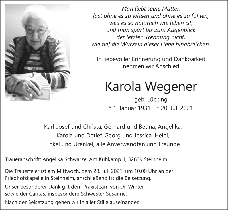 Traueranzeigen von Karola Wegener | www.westfalen-blatt.de