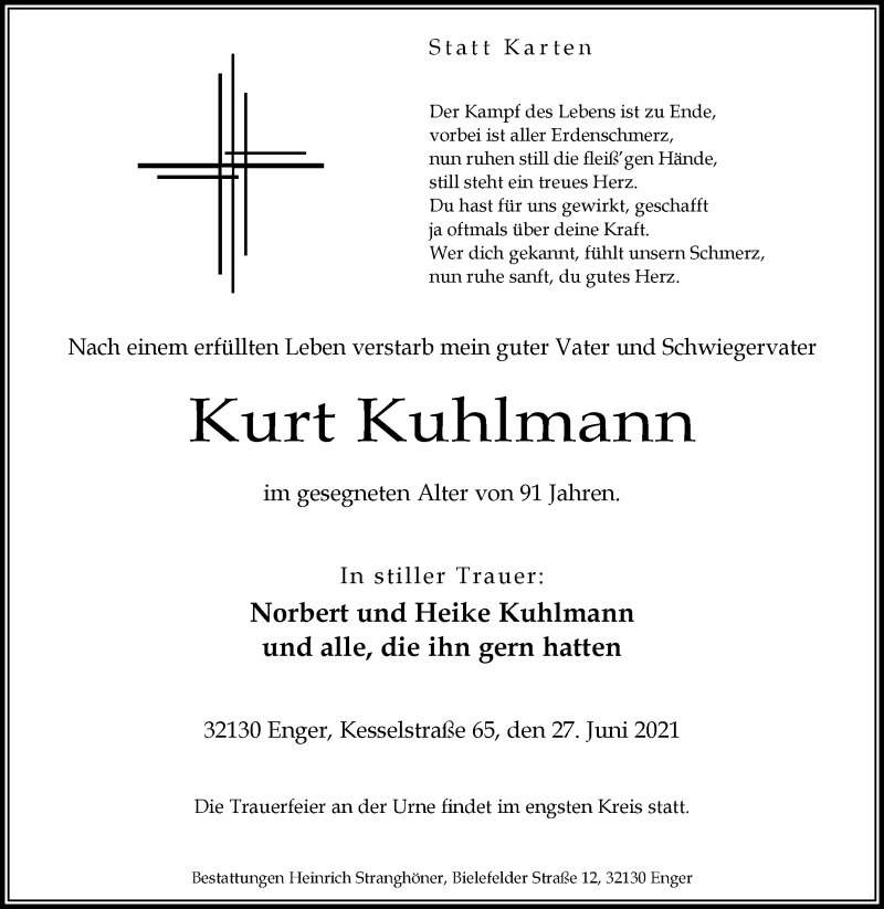  Traueranzeige für Kurt Kuhlmann vom 03.07.2021 aus Westfalen-Blatt
