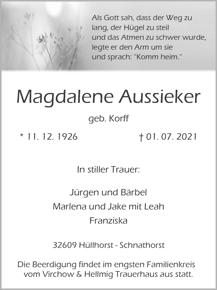  Traueranzeige für Magdalene Aussieker vom 03.07.2021 aus Westfalen-Blatt