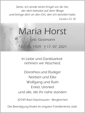 Traueranzeige von Maria Horst von Westfalen-Blatt