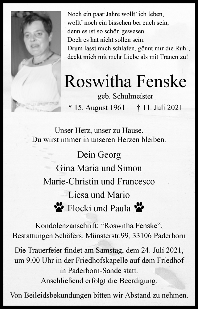  Traueranzeige für Roswitha Fenske vom 21.07.2021 aus Westfalen-Blatt
